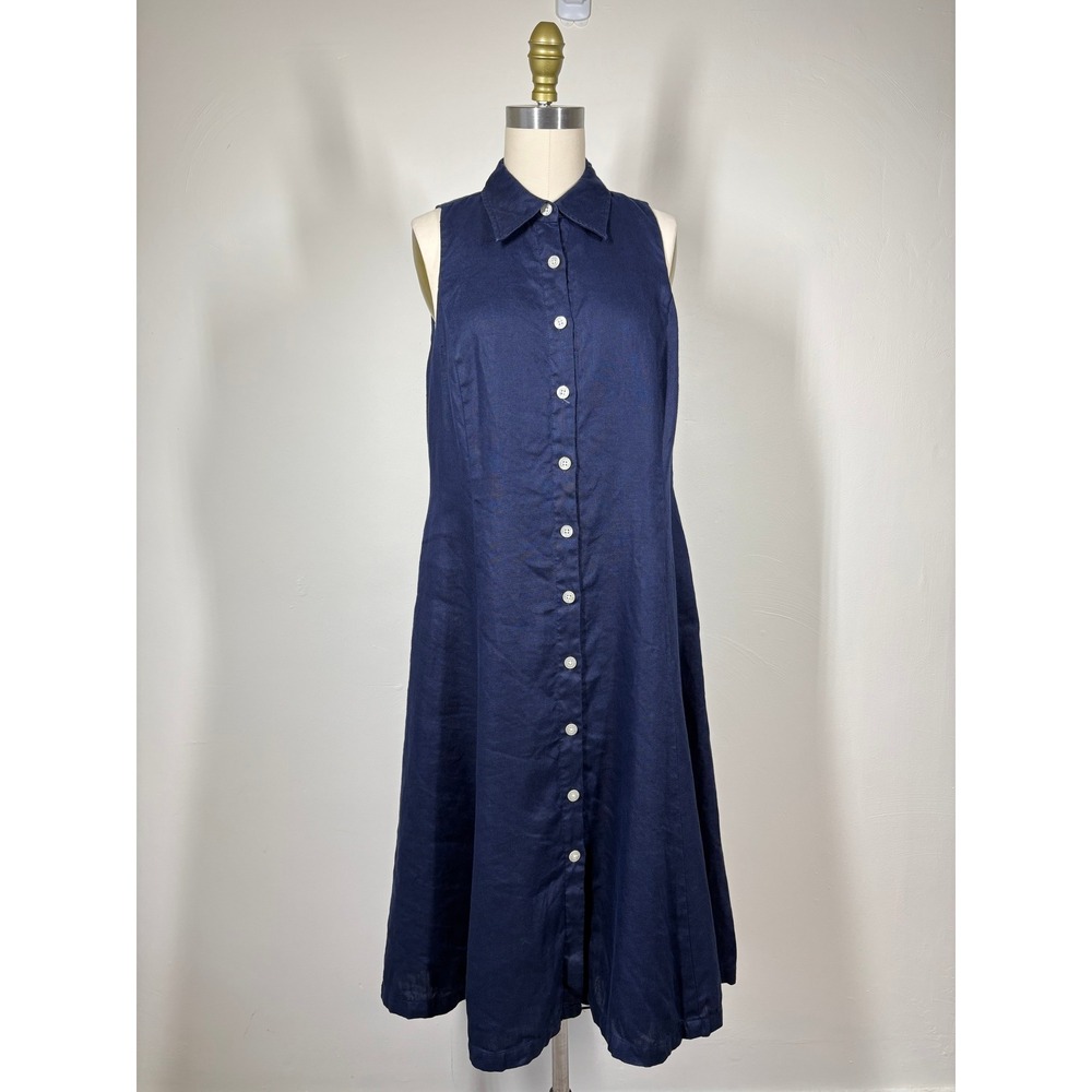 Lauren Ralph Lauren 100% Linen Dress 8 Navy Blue Sleeveless Coastal Lagenlook